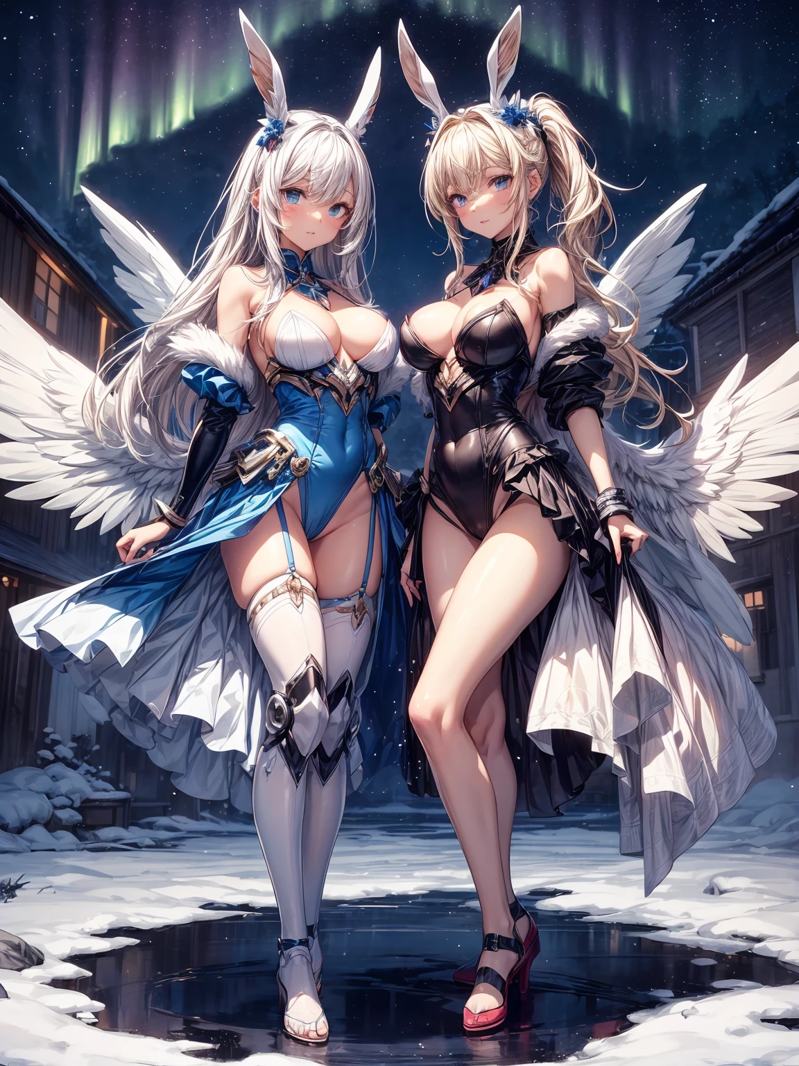 (masterpiece、highest quality, big, very detailedティッカーユニティ、8K、wall , Depth of written boundary, Ultra-fine illustration:1.5)、。.。.3D, very detailed, (Full body Esbian、Mecha bunny girls 2 girls:1.3),  battlefield, Hawken, shy smile, open your mouth、short ponytail hair, (white blonde hair, deep blue eyes:1.2), sparkling eyes, Embarrassingly cute type face, cute type, big breasts, delicate hair, messy hair, she looks up at the aurora borealis across the arctic night sky、shiny hair, shiny skin, (Symmetrical mechanical winetallic colored mechanical wings that are widely expanded to the left and right so that they protrude bigly from the screen, bite, white hair ornament), (particles of light, cinematic lighting: 1.But pink lips: 0.8), by Yusuke Murata.