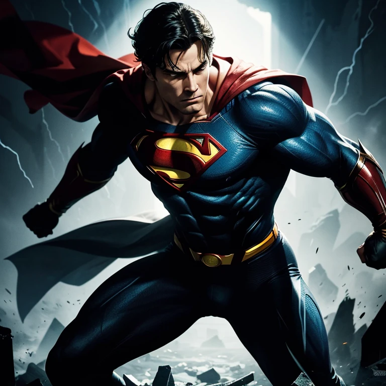Transforming darkness into art, create an abstract & conceptual rendition of Superman, capturing his enigmatic personna. Embrace bold strokes, striking lines, and vibrant colors to convey the duality between hero and vigilante. Infuse the artwork with motion and energy, depicting Superman as an abstract force against a backdrop of shattered darkness. Illuminate his iconic symbol with luminous accents, showcasing the rebirth of hope amidst the shadows.