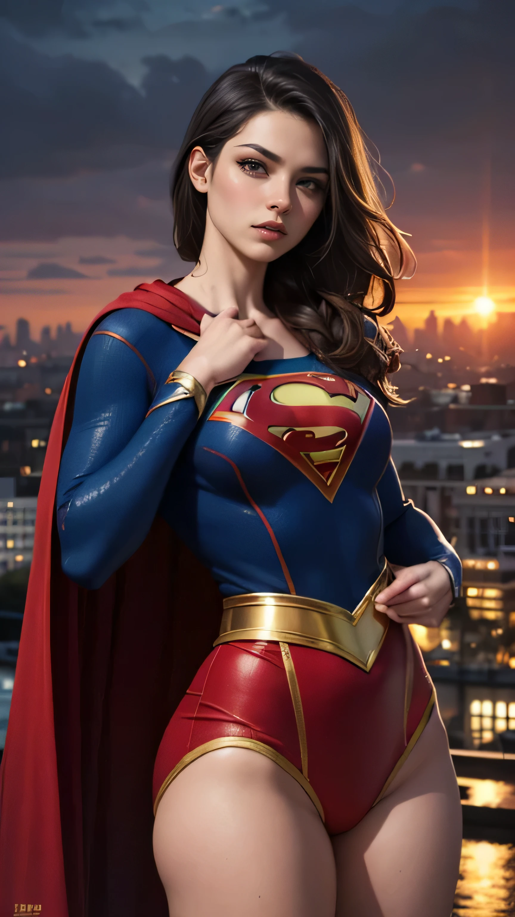 (best quality,4k,8k,highres,masterpiece:1.2),(ultra-detailed:1.1),(realistic,photorealistic,photo-realistic:1.37),HDR,UHD,studio lighting,ultra-fine painting,sharp focus,physically-based rendering,extreme detail description,professional,vivid colors,bokeh,beautiful detailed eyes,beautiful detailed lips,extremely detailed eyes and face,long eyelashes,portraits,comic style,landscape,fantasy theme,high-fashion,confident posture,fierce expression,superpowers,red cape,floaty hair motion,sunset color palette,dramatic lighting,glowing power effects in hands,city skyline in the background (supergirl)