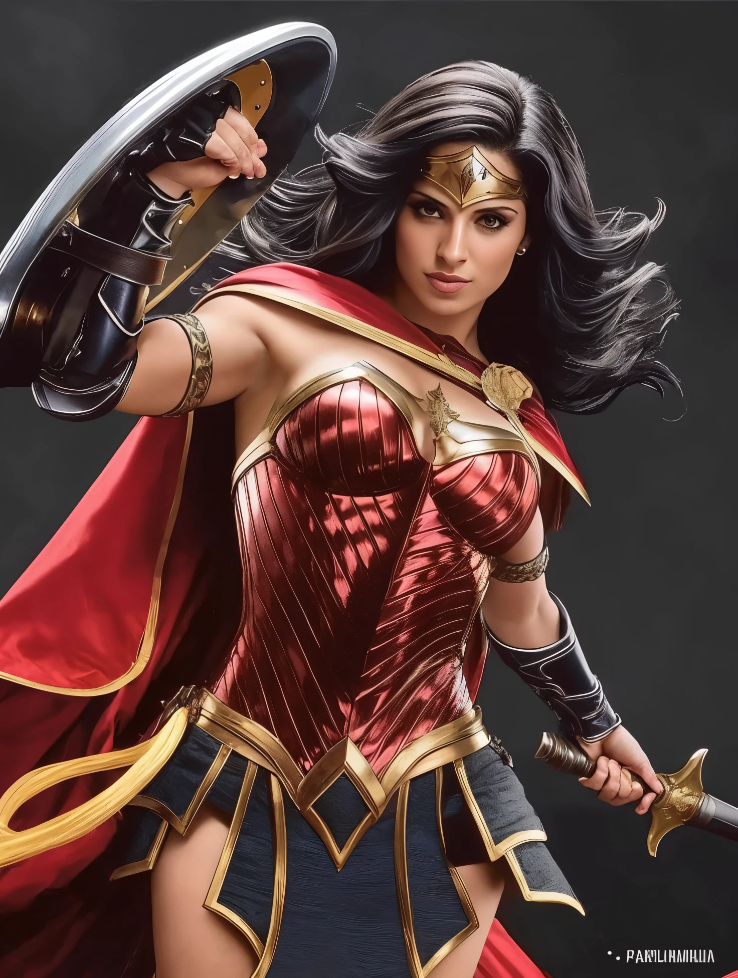 Mulher maravilha, corpo musculoso, cabelo preto longo, armadura de metal, segurando escudo e espada.