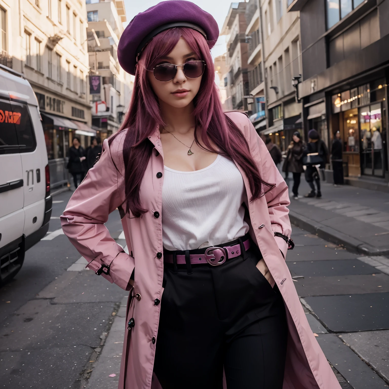 4k, realistic, high detailed, super eyes detailed, fashion clothes, pink trenchcoat, french beret, black pants with belt, long hair, in the city, pink hair, purple eyes, yae miko, wearing trendy sunglasses,