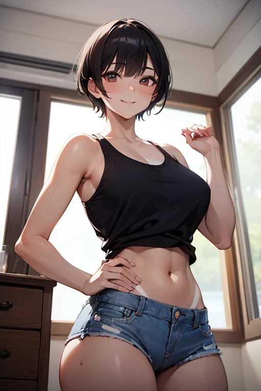 (((SHARP detail perfect face))), (nice breasts), (nice hips), detailed skin, ((tomboy)), (20 year old girl), short hair, spiky hair, (tanlines), ((masterpiece)), best quality, (SHARP details), 4k, (wearing hotpants), (wearing short tank top), navel, no bra, mole, dark red hair, smiling, indoors, ((male POV)), ((girl on top of viewer)), (view from (directly below)), looking down at viewer, bending forward,