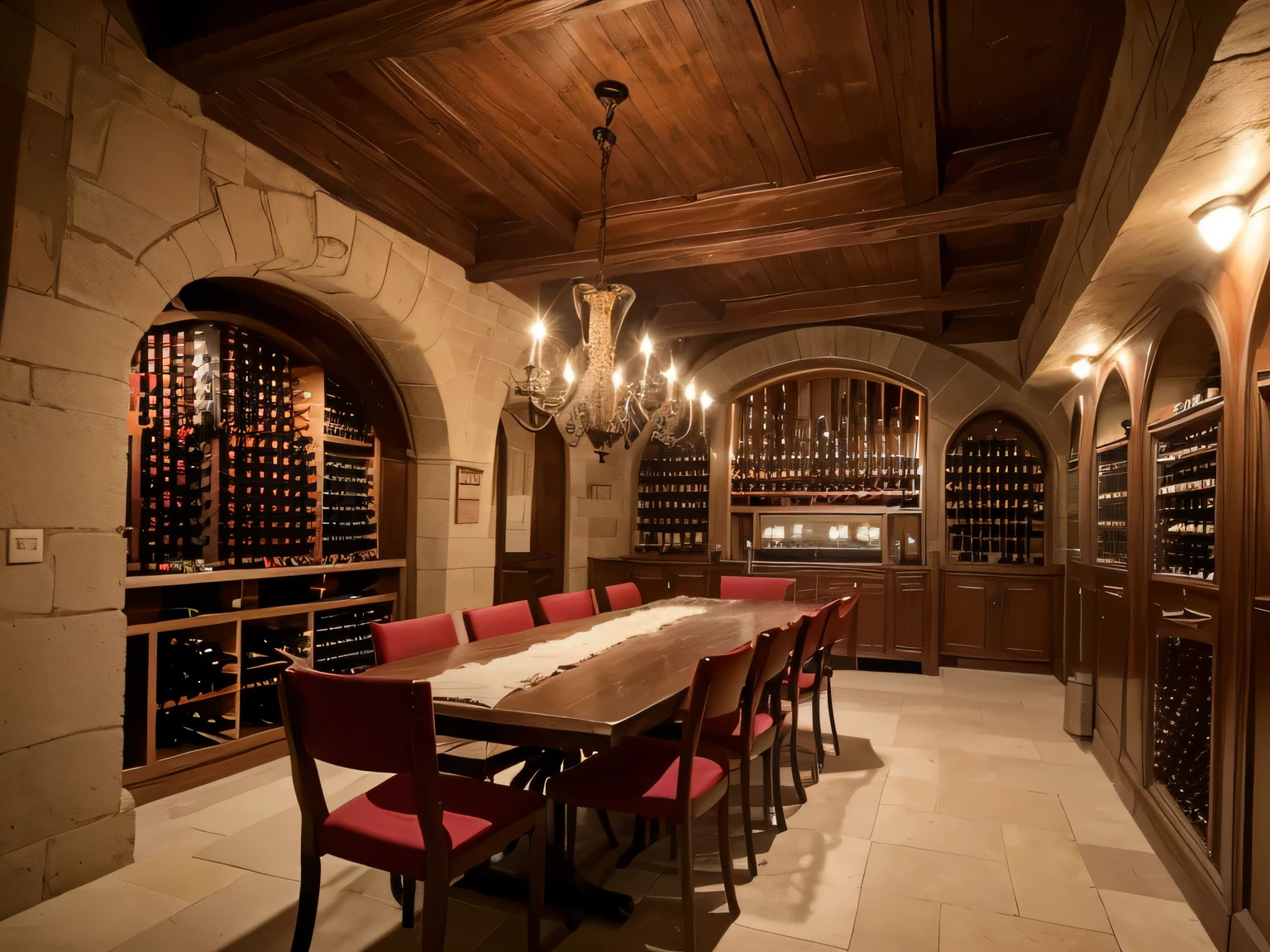 arafed wine cellar with a table and a red table cloth, cellar, wine cellar full of food, wine, Burg Champagne Damory, ( Visually stunning, Award-winning masterpiece, stunning masterpiece, set in bank vault room, There is a grand inside, But very good”, decadent, Konrad Wiitz, cavernous interior wide shot, panoramic