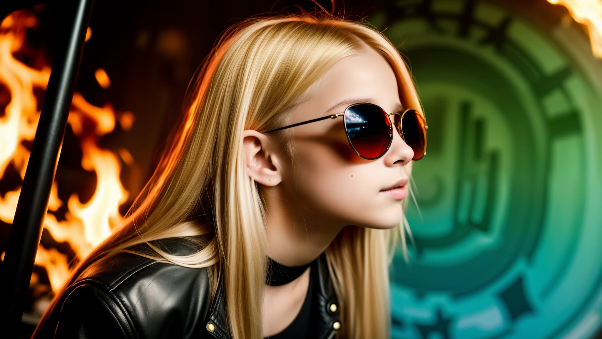 image of a kids girls blonde with sunglasses and a sign, heavy metal band promo, fire hole 