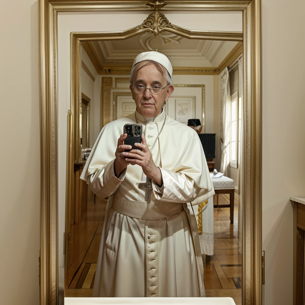 (YES NSFW), selfie_me, masterpiece portrait of Pope Francis making selfie in front of a mirror, (mobile phone), ((PopeFra, selfie_me:1.2)), showing butts, white robe, (8K, professional, best quality, masterpiece:1.2), (photo realism), Ultra-detailed, (35mm portrait wide angle), real skin pores, moles on skin, (Skin with the highest level of detail:1.2), cinematic lighting, warm white light, looks into camera, Naughty Poses，looking at viewer, (old Pope). (very old and wise PopeFra Pope Francis)