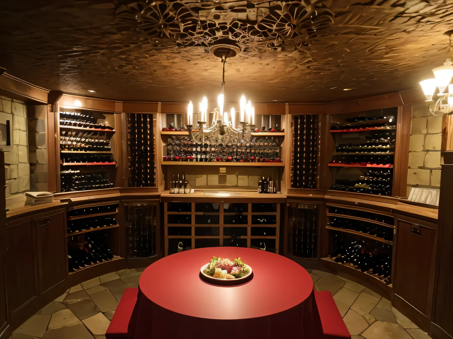 arafed wine cellar with a table and a red table cloth, cellar, wine cellar full of food, wine, Bourg Champagne Damery, ( Visually stunning, Award-winning masterpiece, stunning masterpiece, set in bank vault room, There is a grand inside, But very nice”, decadent, Konrad Wiitz, cavernous interior wide shot, panoramic