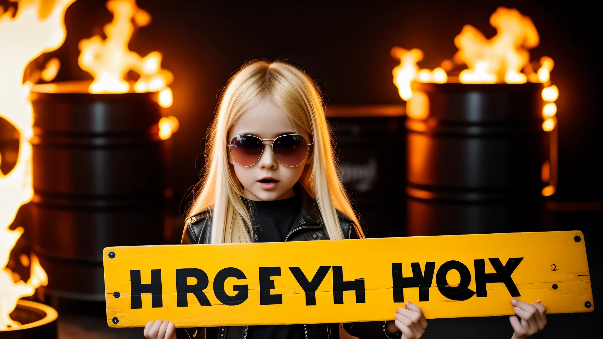 image of a kids girls blonde with sunglasses and a sign, heavy metal band promo, fire hole