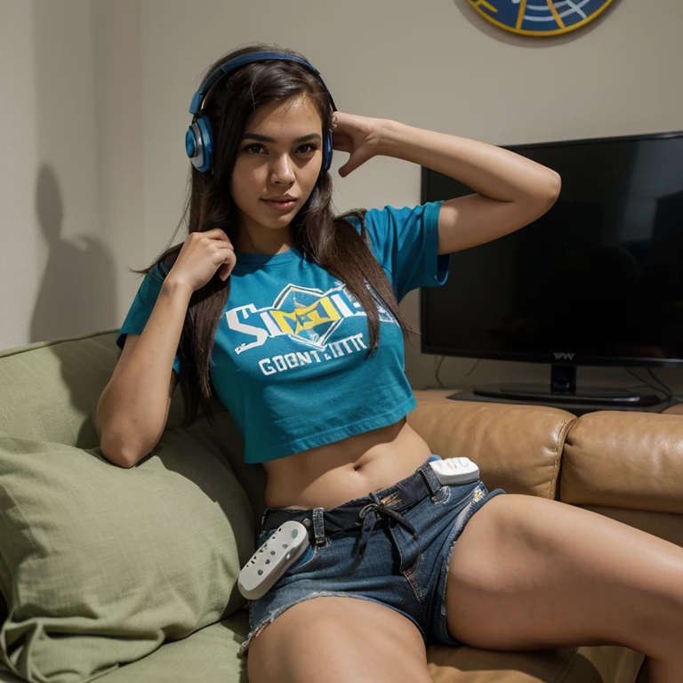 Modelo brasileira, friendly about 20 years, sorrir, academia, jogando videogame em casa, sitting not sofa, segurando controle, olhando a TV, headphone on head, Superhero Shirt, geek style, usando shorts, holding video game controller, Playstation 5