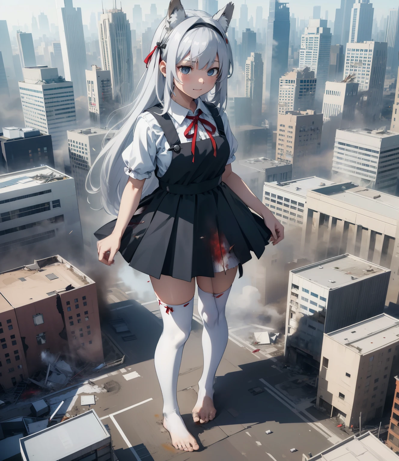 masterpiece, best quality, highres, sumire1, hairband, long white hair, wolf ears, solo, white thighhighs, school uniform, red ribbon, neck ribbon, grey dress, blunt bangs, pinafore dress, white shirt, short sleeves, collared shirt, medium breasts, barefoot, sun rays, flare lens,park,
in a destroyed city, (GTS), macro, aerial view, from_above, ((rampage)), ((destruction)), giantess, (highres), absurdres, best quality, ((full_body:1.3)), footprints, facing_viewer, wide_shot, tiny buildings along the bottom of frame, blood soaked soles, bloodstains, smirk, smug, crushing, explosion, military vehicle, standing