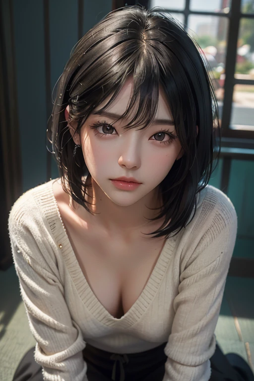 crawl on all fours、Show a glimpse of your nipples、(master piece:1.3)、(8k、photorealistic、RAW photo、highest quality: 1.4)、(1girl)、beautiful face、(realistic face)、(black hair、short hair:1.3)、beautiful hairstyle、realistic eyes、Beautiful details、(realistic skin)、beautiful skin、(sweater)、disorganized、Charm、overtake高解像度、overtake
