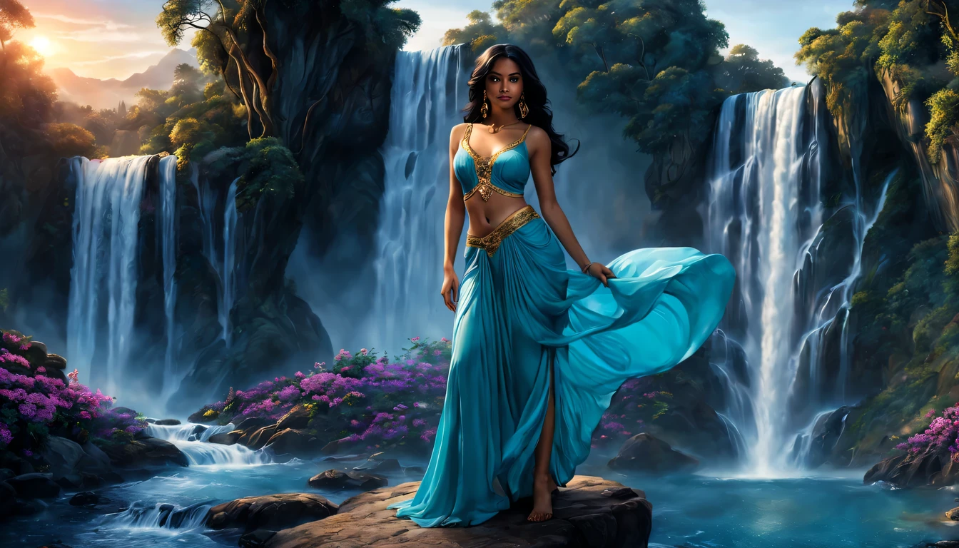 beautiful young lady (Jasmine "Aladdin"), (27 anos), vestido longo Azul turquesa, de corpo inteiro, rocher, Very realistic waterfall, coucher du soleil, fleurs