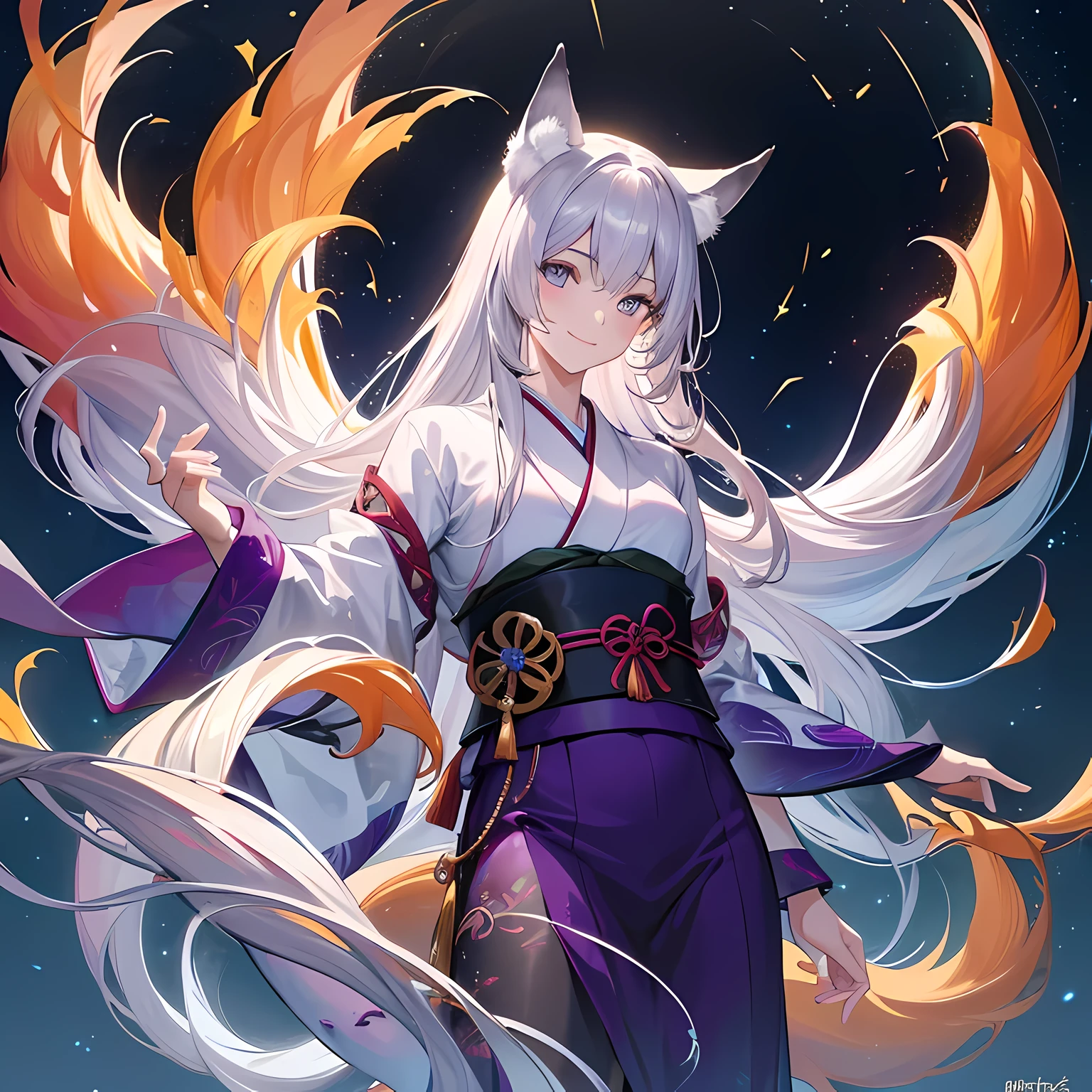 (best quality,4K,8k,high resolution,masterpiece:1.2),Super detailed,(actual,photoactual,photo-actual:1.37), young, Handsome, Slim, man,(Japanese folklore myths, nine-tailed fox:1.1),(long hair:1.1),(on his clothes),(The nine tails spread out like a fan on the back),(smiling),(considerate smile:1.1),(full length:1.1),(facing the audience),(Surrealism),(Fantastic lighting),(firefly:0.9),(flash:0.9), The overall color is mainly silver purple