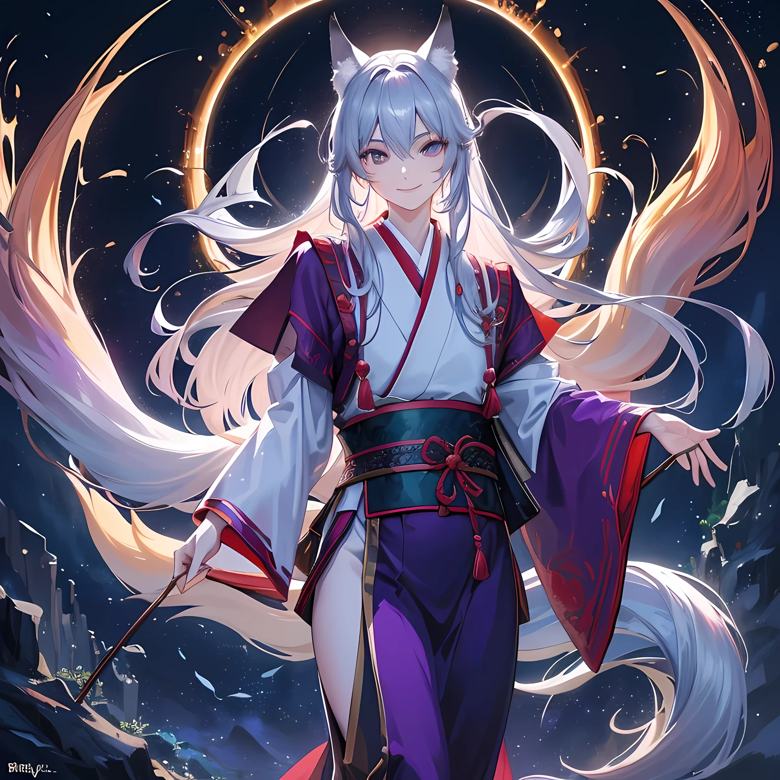 (best quality,4K,8k,high resolution,masterpiece:1.2),Super detailed,(actual,photoactual,photo-actual:1.37), young, Handsome, Slim, man,(Japanese folklore myths, nine-tailed fox:1.1),(long hair:1.1),(on his clothes),(The nine tails spread out like a fan on the back),(smiling),(considerate smile:1.1),(full length:1.1),(facing the audience),(Surrealism),(Fantastic lighting),(firefly:0.9),(flash:0.9), The overall color is mainly silver purple