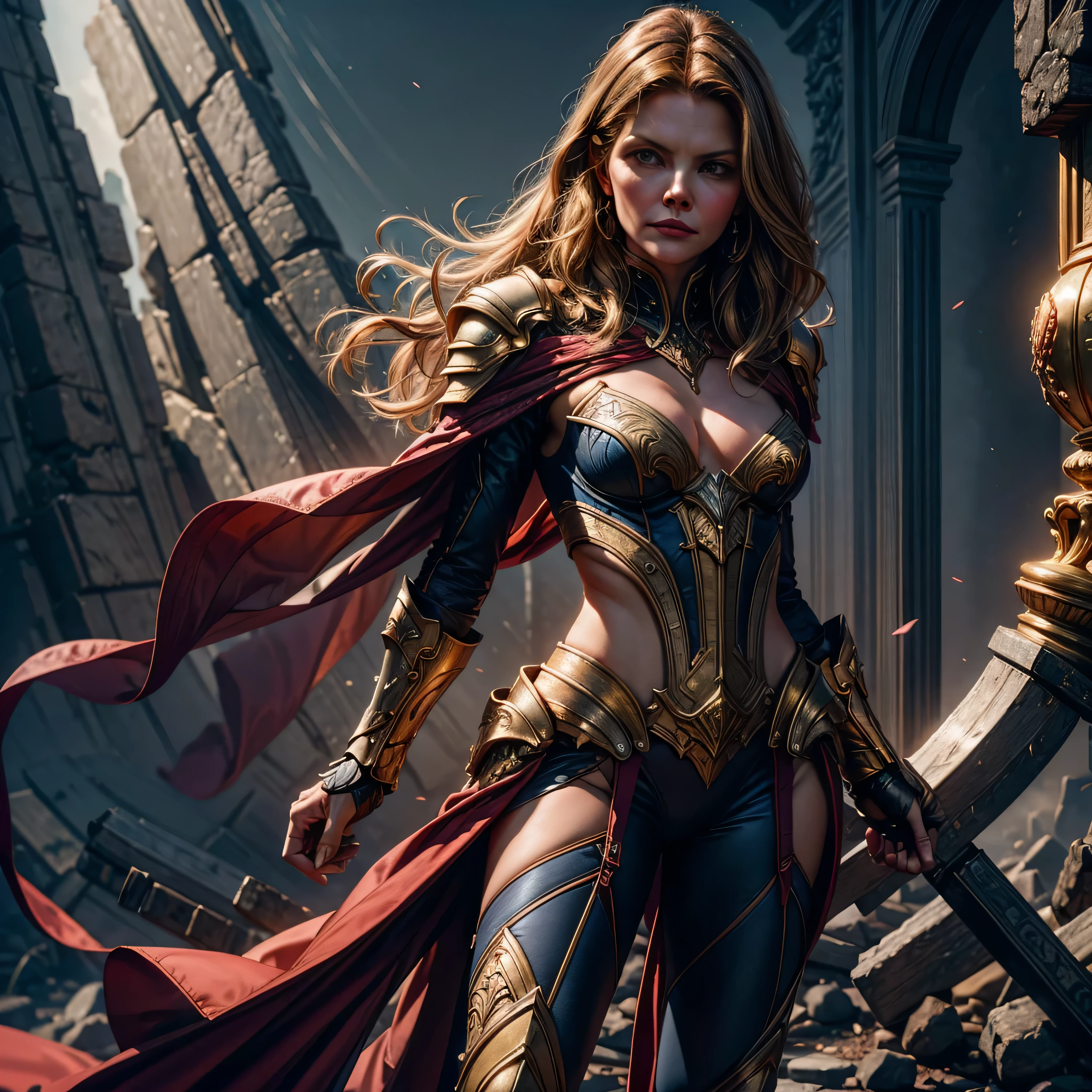 Epic Beautiful painting of Michelle Pfeiffer as perfect gorgeous female warrior, shapeless long fullbody, perfect features, (wearing extremely baroque armor Chainmail_Armor), abstract beauty, near perfection, pure form, dynamic pose, ethereal background, (deep dark shadows), (strong cinematic lighting), (back lighting), concept art by Greg Rutkowski and John William Waterhouse and Alphonse Mucha, stunning details, intricate details, hyper post-production, ultra High resolution, super high details, trending on ArtStation, ultra sharp focus, depth of field f/1.8, studio photos, (((looking at camera))). varies multi etc. --v 6 --s 1000 --c 20 --q 20 --chaos 100