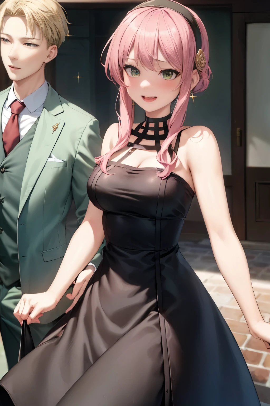 masterpiece, best quality,  2girls, anya (spy x family), multiple girls, 1boy, female , pink hair, flower, blush, green eyes, jewelry, smile, , hairband, closed eyes, shirt, dress, earrings, sparkle, open mouth, black dress