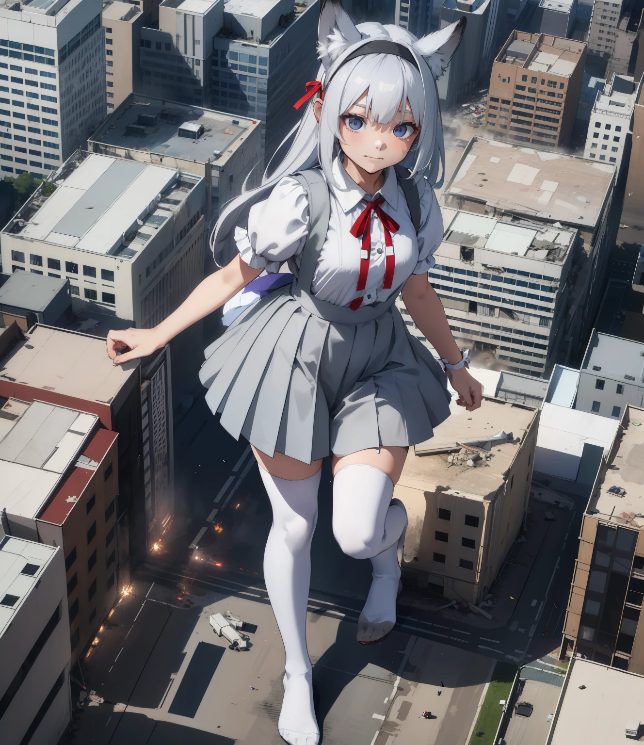 masterpiece, best quality, highres, sumire1, hairband, long white hair, wolf ears, solo, white thighhighs, school uniform, red ribbon, neck ribbon, grey dress, blunt bangs, pinafore dress, white shirt, short sleeves, collared shirt, medium breasts, no shoes, sun rays, flare lens,park,
in a destroyed city, (GTS), macro, aerial view, from_above, ((rampage)), ((destruction)), giantess, (highres), absurdres, best quality, ((full_body:1.3)), footprints, facing_viewer, wide_shot, tiny buildings along the bottom of frame, blood soaked soles, bloodstains, smirk, smug, crushing, explosion, military vehicle, standing
