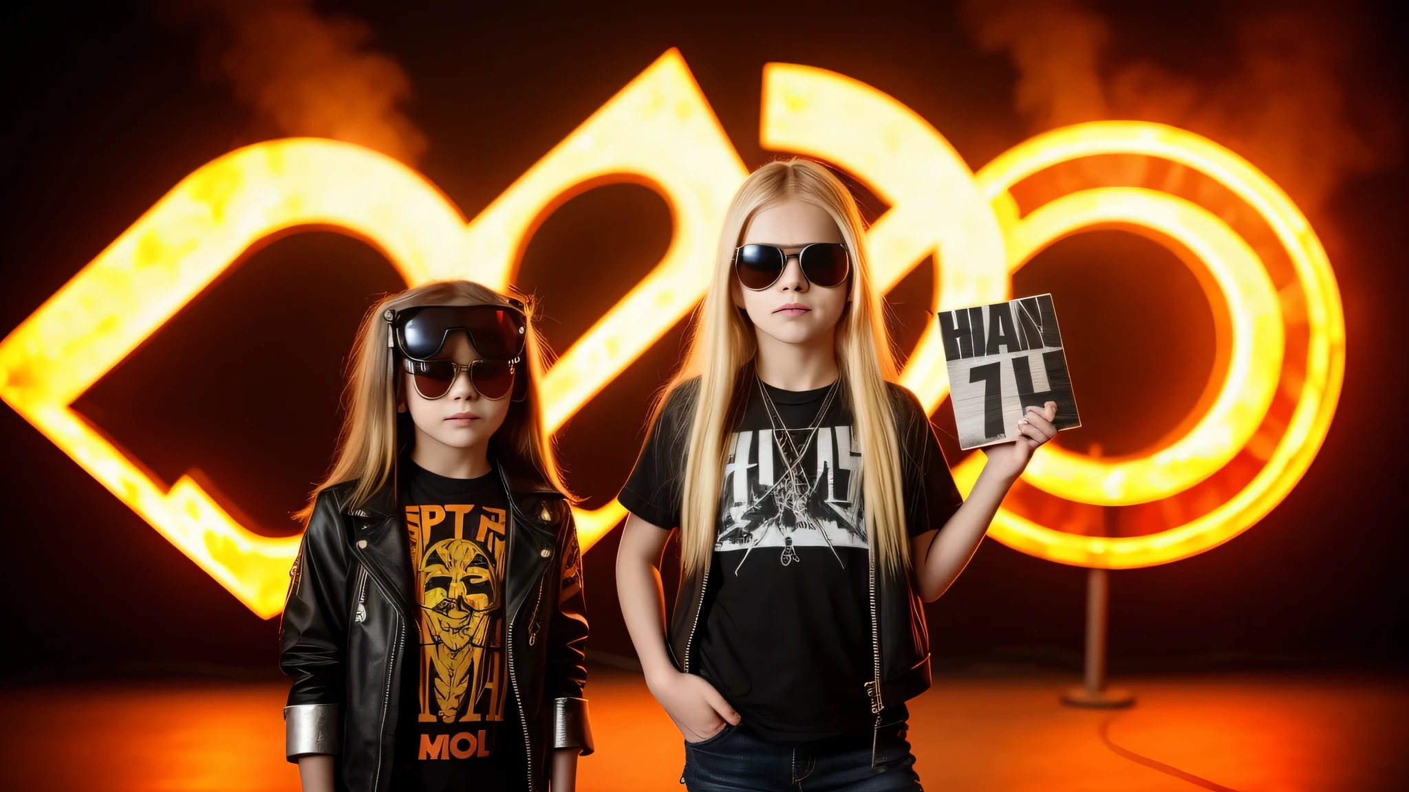 image of a kids girls blonde with sunglasses and a sign, heavy metal band promo, halo on fire.