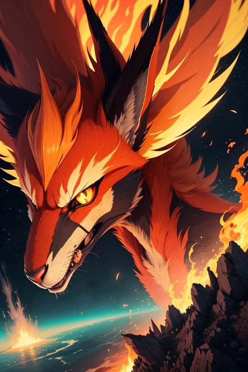 illustration, raposa de nove caudas, kurama, destruindo a cidade, anime inspiration