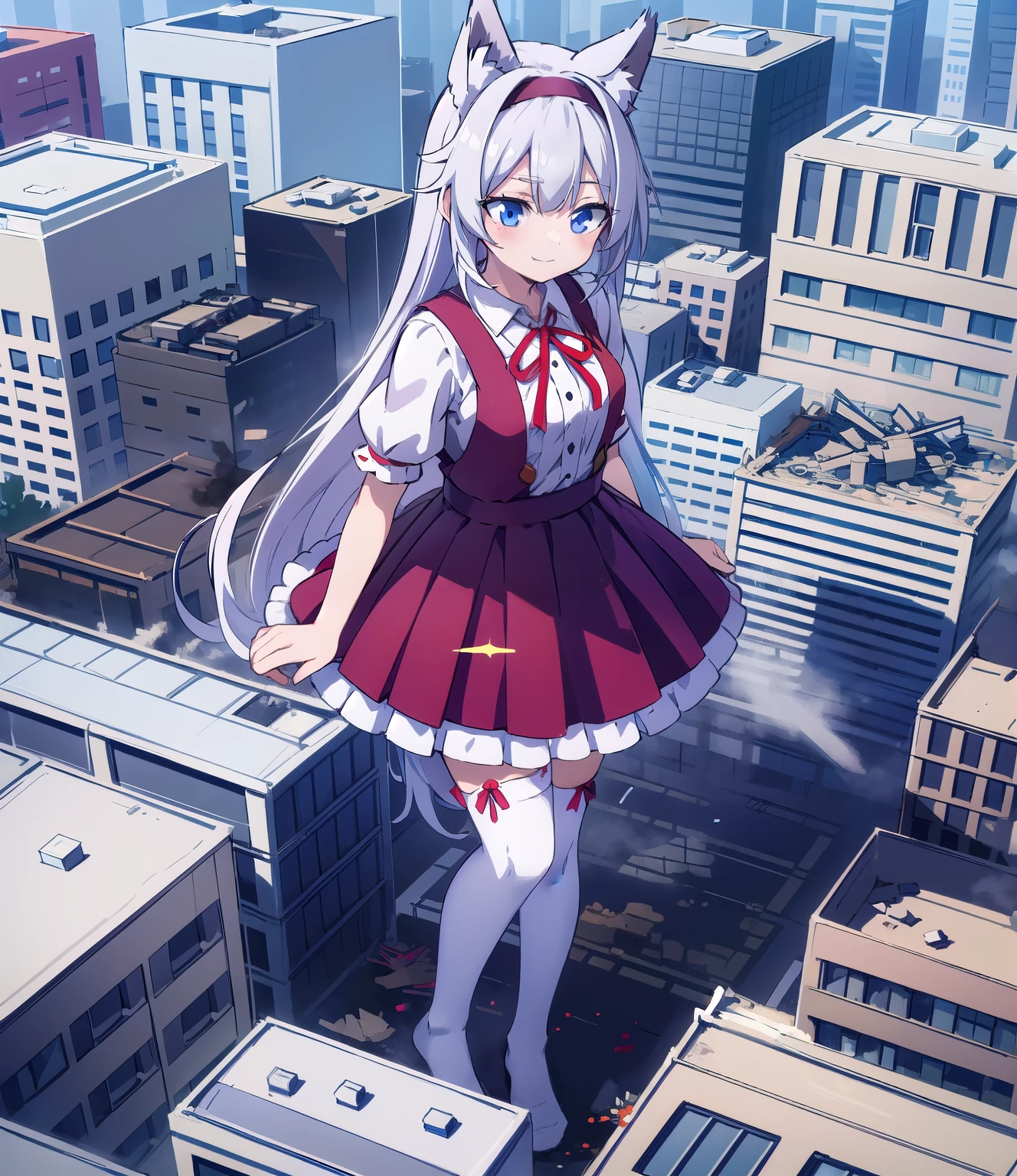 masterpiece, best quality, highres, sumire1, hairband, long white hair, wolf ears, solo, white thighhighs, school uniform, red ribbon, neck ribbon, grey dress, blunt bangs, pinafore dress, white shirt, short sleeves, collared shirt, medium breasts, no shoes, sun rays, flare lens,park,
in a destroyed city, (GTS), macro, aerial view, from_above, ((rampage)), ((destruction)), giantess, (highres), absurdres, best quality, ((full_body:1.3)), footprints, facing_viewer, wide_shot, tiny buildings along the bottom of frame, blood soaked soles, bloodstains, smirk, smug, crushing, explosion, military vehicle, standing