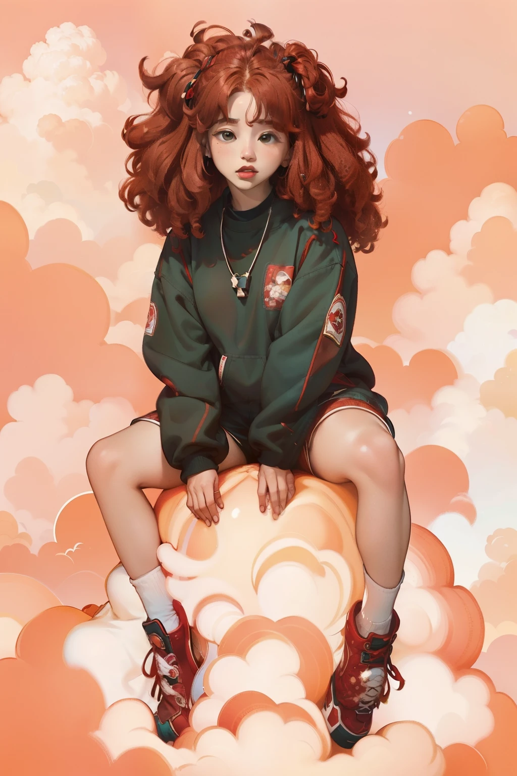 there is a woman with red hair sitting on a cloud, sza, with curly red hair, sitting in a fluffy cloud, girl clouds, red curly hair, red haired goddess, curly red hair, red afro, curly copper colored hair, she is wearing streetwear, color portrait, big red afro, cloud goddess, with red hair, red haired girl