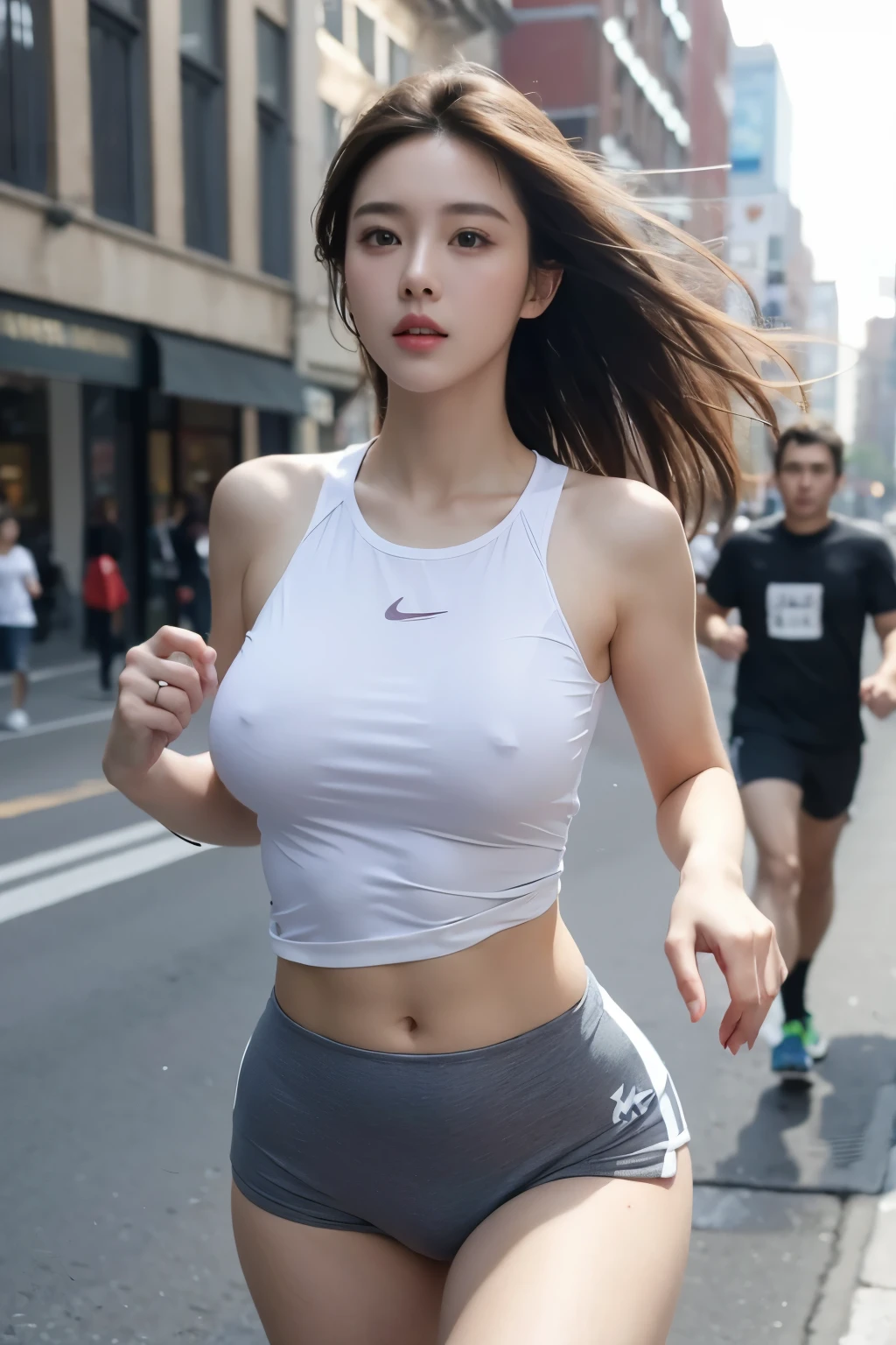masterpiece,best quality,,Realistic style，A girl who runs,huge :1.3,There are on the street