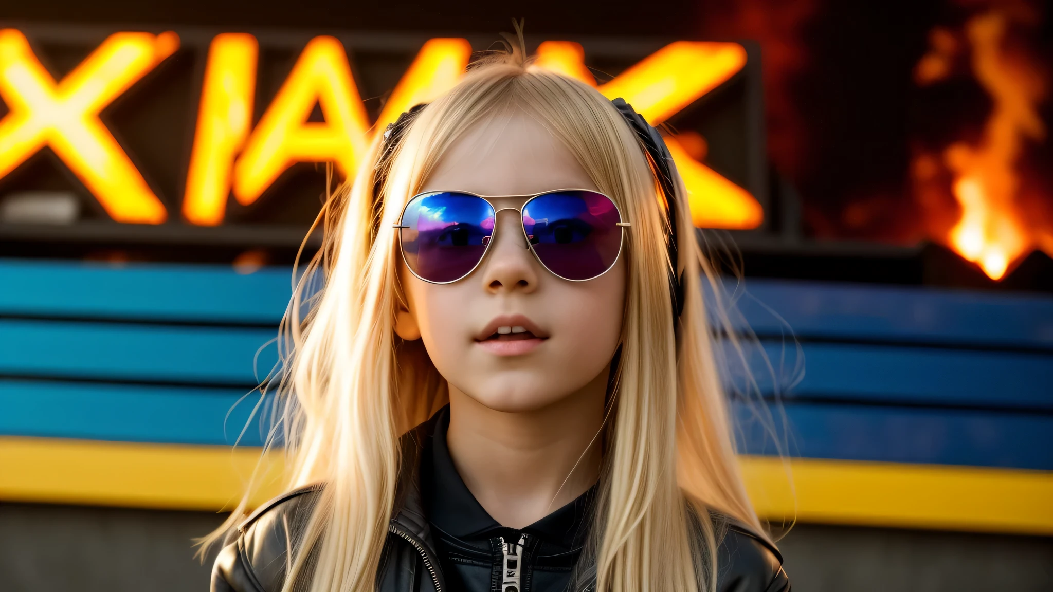 image of a kids girls blonde with sunglasses and a sign, heavy metal band promo, halo on fire.