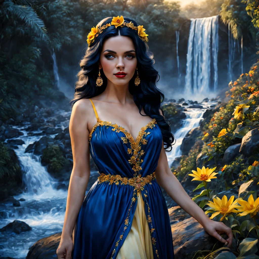 beautiful young lady (Branca de Neve), (27 anos), vestido longo Amarelo com Azul Escuro, de corpo inteiro, rocher, Very realistic waterfall, coucher du soleil, fleurs