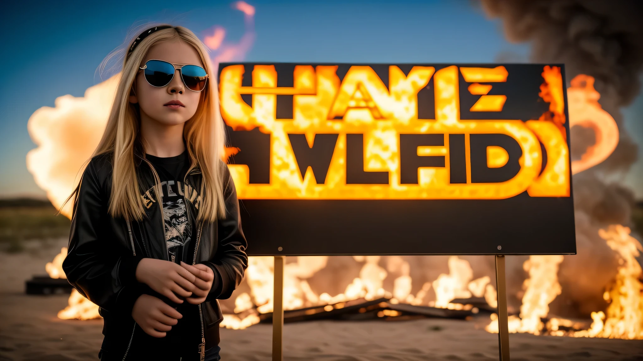 image of a kids girls blonde with sunglasses and a sign, heavy metal band promo, halo on fire.