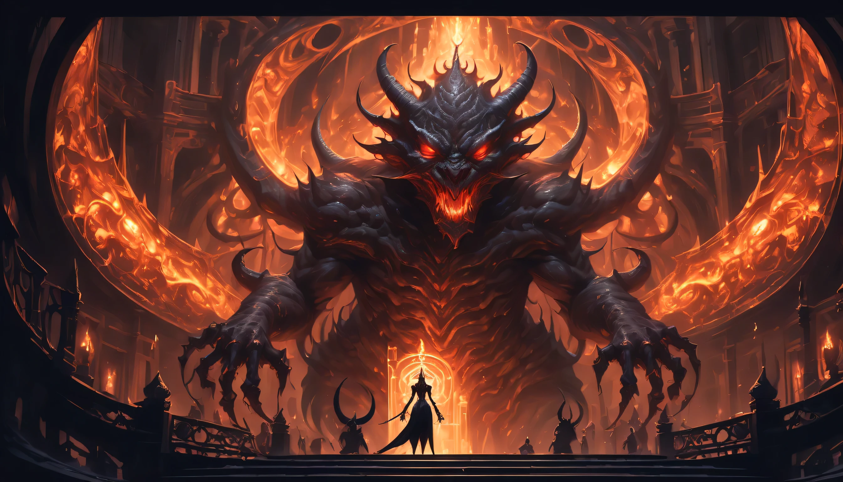 There is a boss's mansion at the deepest part of the dungeon., dimly lit ominous chandelier, A place where terrifying and awe-inspiring beings await.. A hall where the goddess and devil are perfectly fused々and the figure, Embodying both divine power and evil charm. Same as the previous example, Description reveals a clear image of the subject, It doesn't matter whether it's a picture or an illustration.. A video that vividly captures the majesty of the boss monster, with meticulous attention to detail. A combination of elegance and wickedness, The person's divine and threatening characteristics are juxtaposed., Create truly captivating and memorable images.