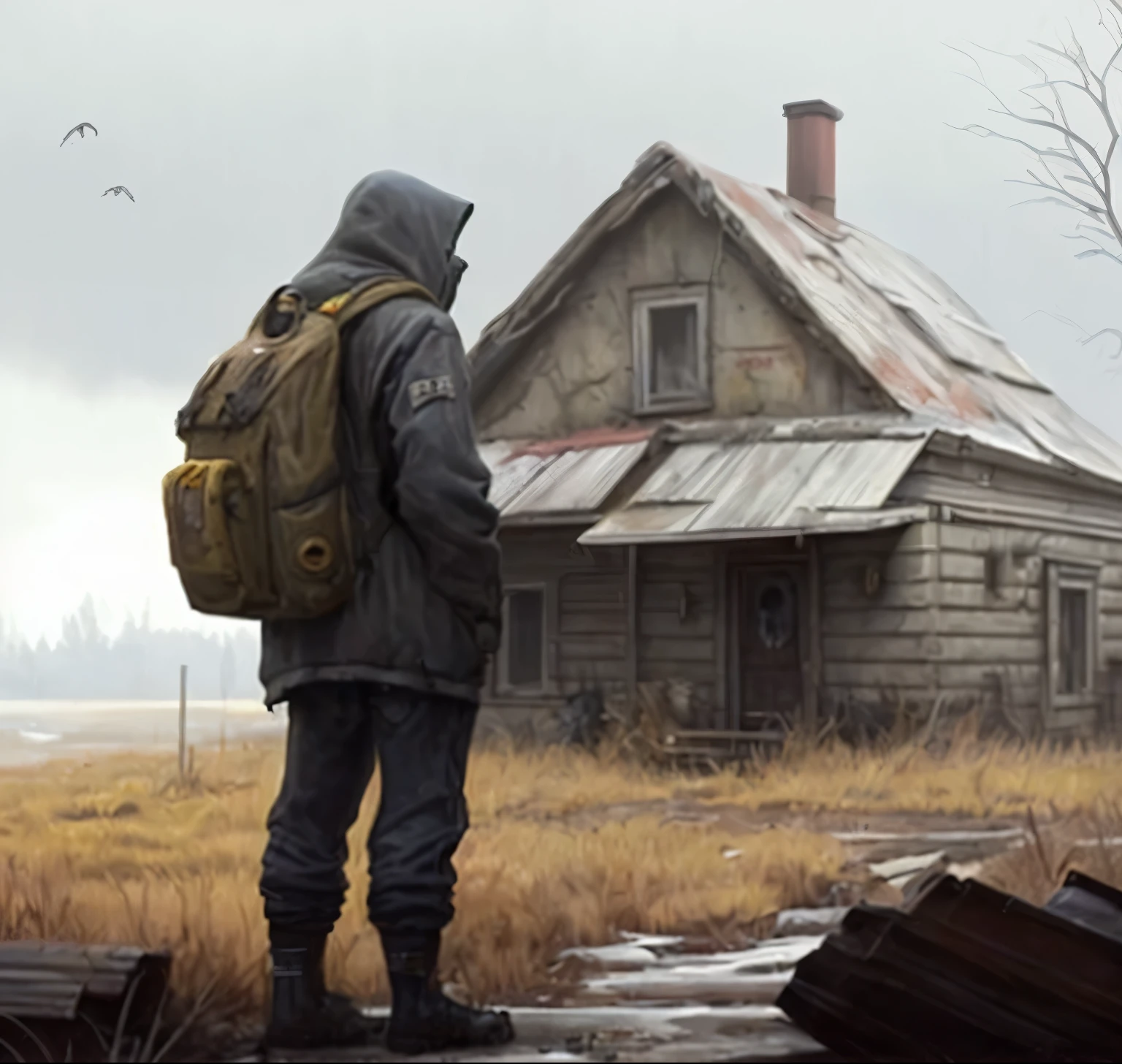 arafed man with a backpack standing in front of a house, eerie nostalgic concept art, inspired by Simon Stålenhag, stefan koidl inspired, by Simon Stålenhag, simon stålenhag. digital art, emotional concept art, simon stälenhag, post - apocalyptic vibe, post grunge concept art