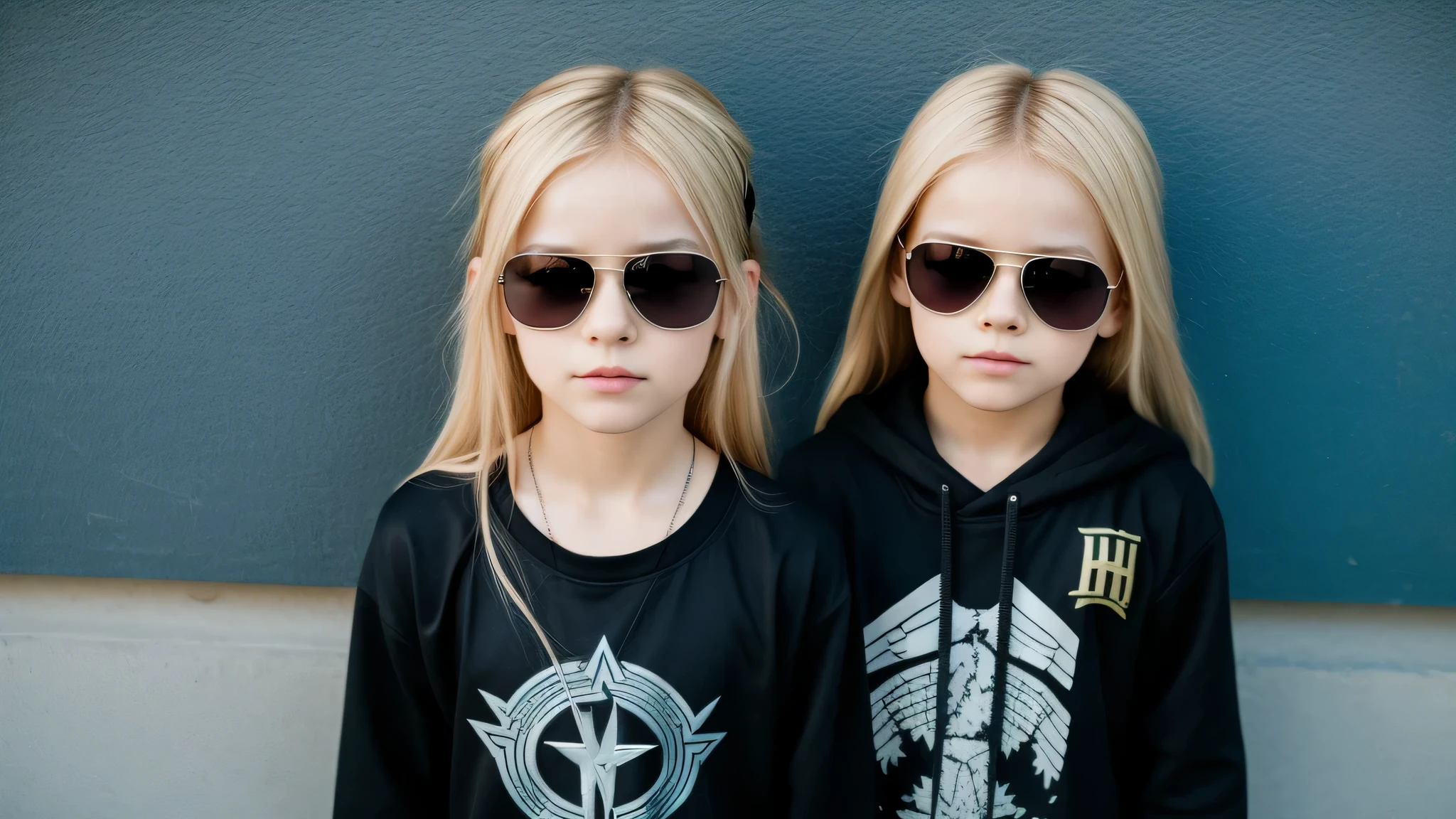 image of a kids girls blonde with sunglasses and a sign, heavy metal band promo, halo on fire.