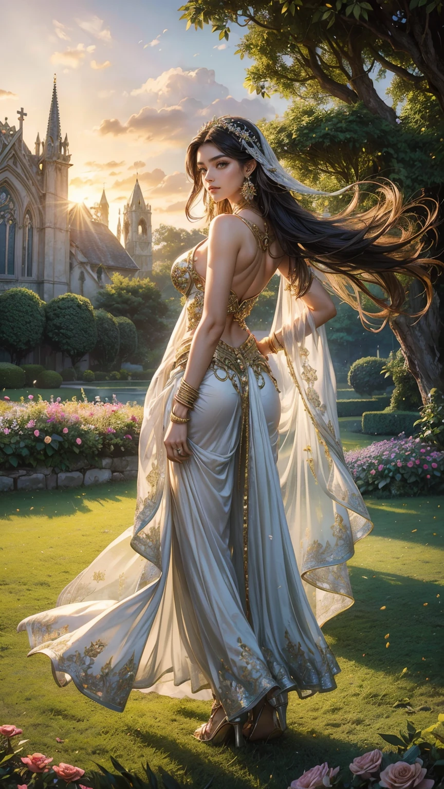 (1girl:1.3), extremely detailed,(colorful:1.1)(flowers:1.3),highest detailed, (dynamic pose), (shiny skin), ,(earrings:1.4), masterpiece,studio ghibli style,highly intricate,highly detailed,photorealism style (background: a church in the middle of a lush green field, romantic landscape, beautiful summer landscape, beautiful garden, floral sunset, romantic greenery, garden landscape, beautiful landscape, beautiful dreamy landscape, beautiful terrace, landscape scenery, beautiful scenic landscape, natural landscape beauty, beautiful garden on background, flower garden, sunny landscape, at sunrise in springtime, flower garden summer morning, dreamy landscape ) a woman in a white and gold outfit, black hair, Big , sexy cleavage, sexy curves, backview, of indian princess, ellora, maya ali sorcerer, shakti, maya ali sorceress, beautiful costume, silver ornaments, wearing an ornate outfit, golden and silver jewerly, white royal dress, hindu