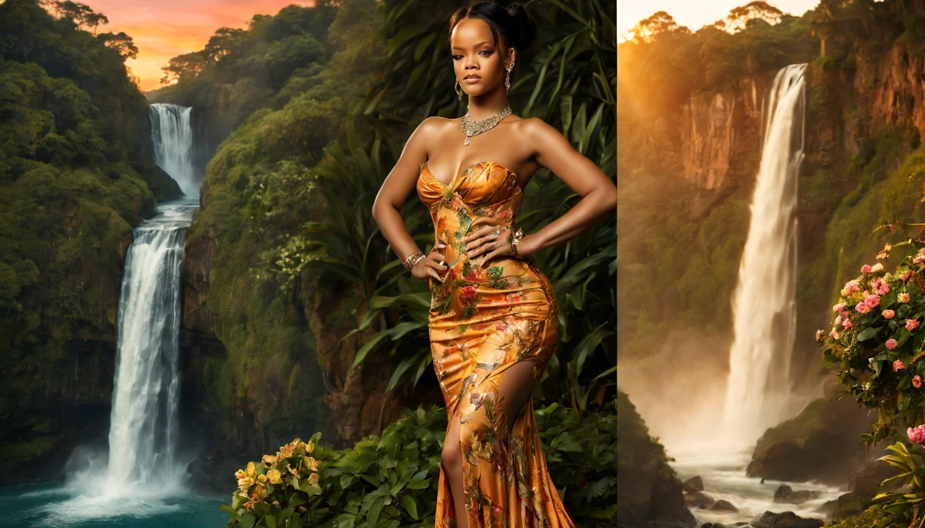 beautiful young lady (Rihanna), (27 anos), vestido longo Esmeralda, de corpo inteiro, rocher, Very realistic waterfall, coucher du soleil, fleurs