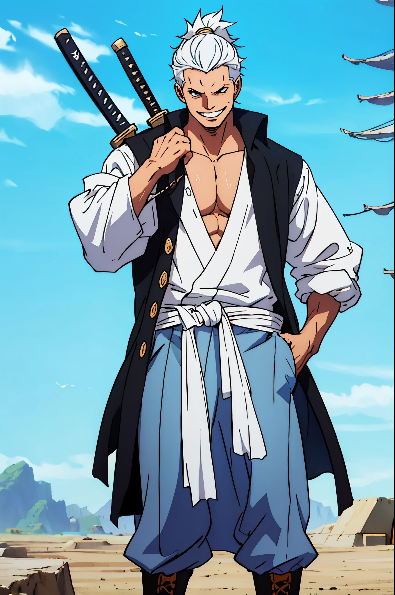 young guy, cute pirate, in blue and white loose clothes, White hair, full length, solo, immoral facial expression, dynamic pose, killer grin, katana on your back, 