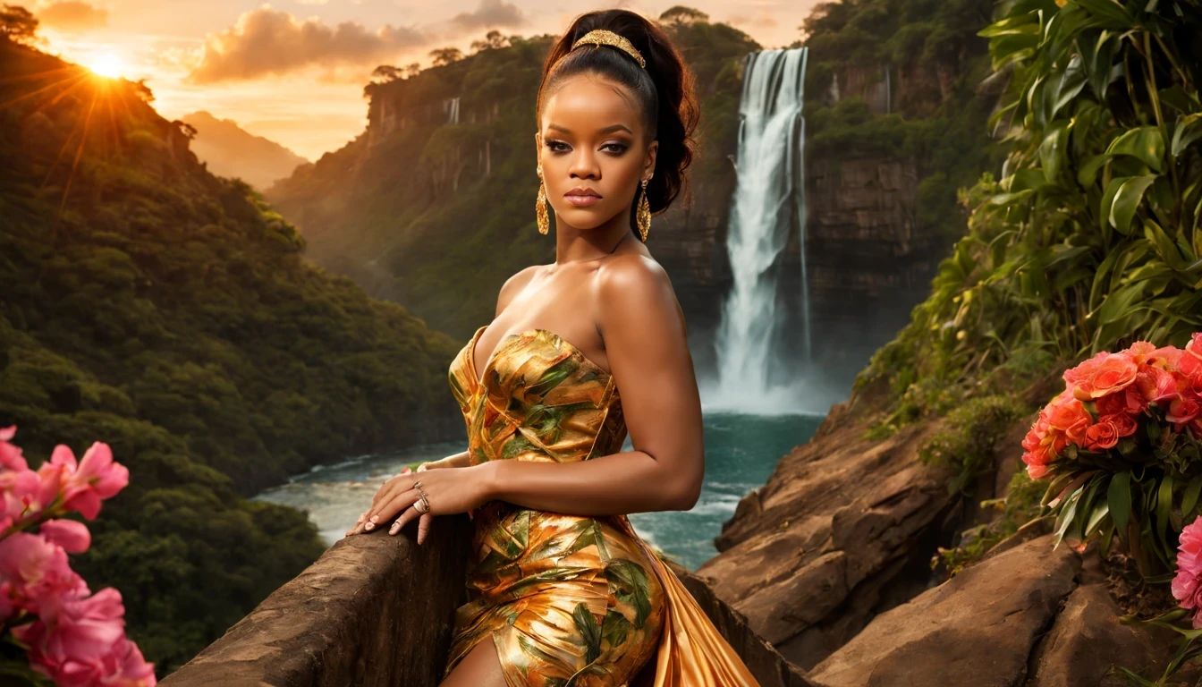 beautiful young lady (Rihanna), (27 anos), vestido longo Esmeralda, de corpo inteiro, rocher, Very realistic waterfall, coucher du soleil, fleurs