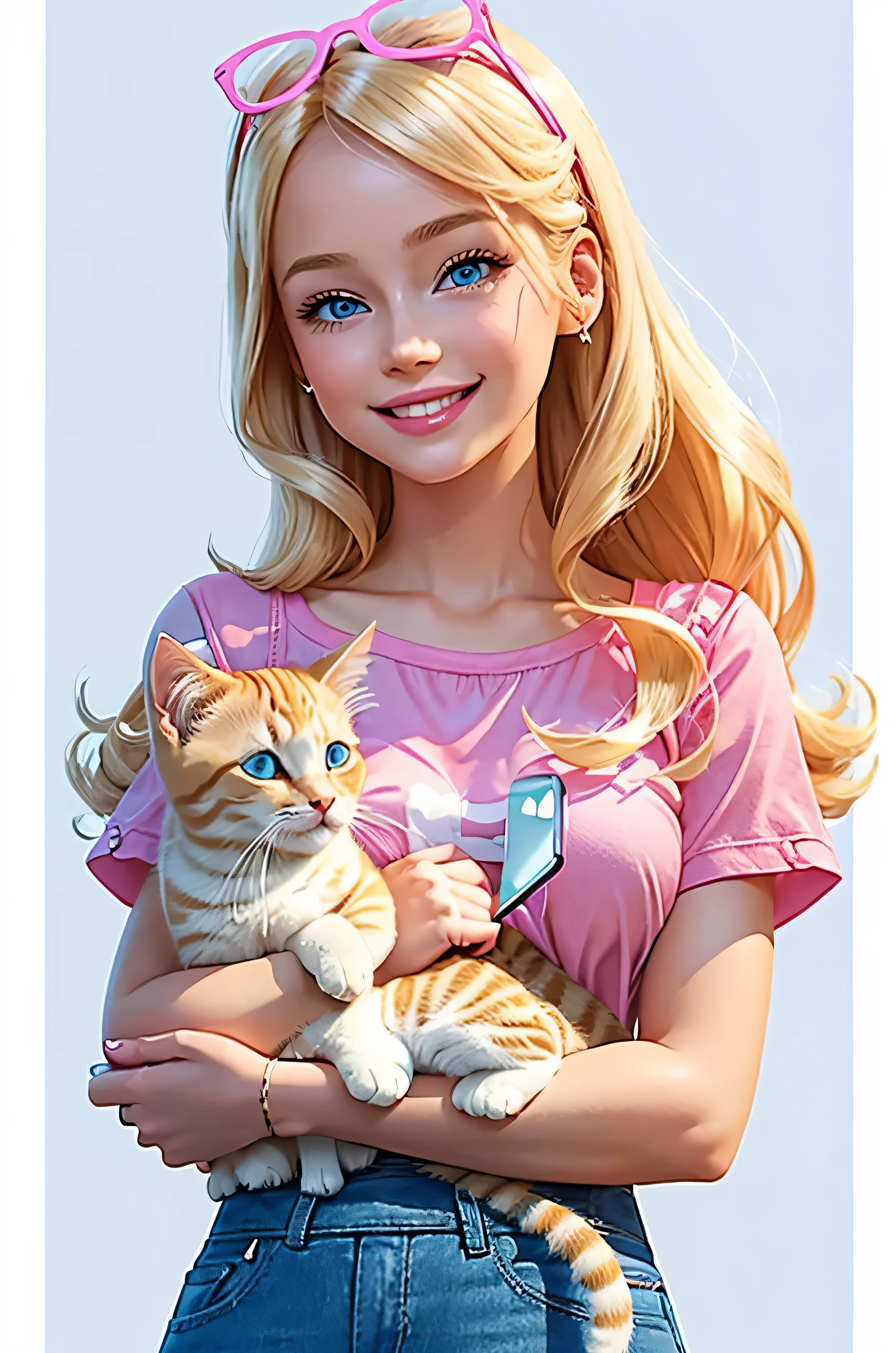 digital illustration, a happy girl with light blonde hair, holding cute kitten, talking on the cell phone, pink shirt, bright blue eyes, smiling, open framing, full body. Barbie style, clothing details. angelic beauty, neutral background with nothing.
