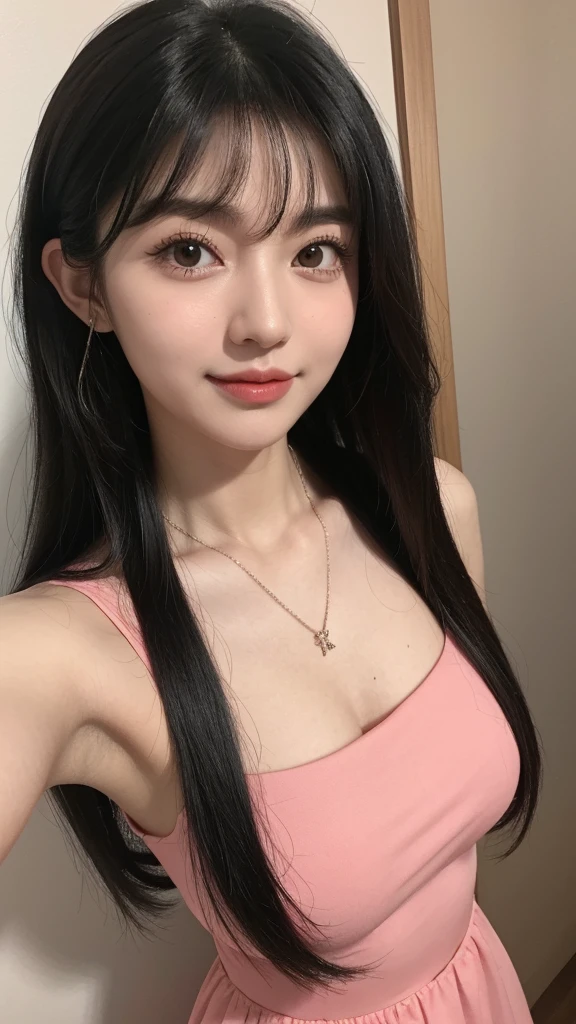 um close up de uma mulher tirando uma selfie sorrindo com um celular, Asian woman with long black hair with bangs and a necklace, Retrato realista de Kawaii, Rosto detalhado de uma japonesa, corte de cabelo preto longo com franja, rosto de anime natural fofo, young lovely korean face, cabelo preto e olhos grandes, ela tem cabelo preto com franja, beautiful asian girl, cabelo preto longo com franja, japonesa, kawaii, com franja, franja, top rosa, roupa rosa, vestido rosa, selfie, ela tem cabelo preto longo com franja, pouco peito, peito pequeno, rosa vestido, cropped rosa claro, roupa rosa claro, peito pequeno, cinco dedos, , mamas pequenas, vestido rosa, vestido rosa florido