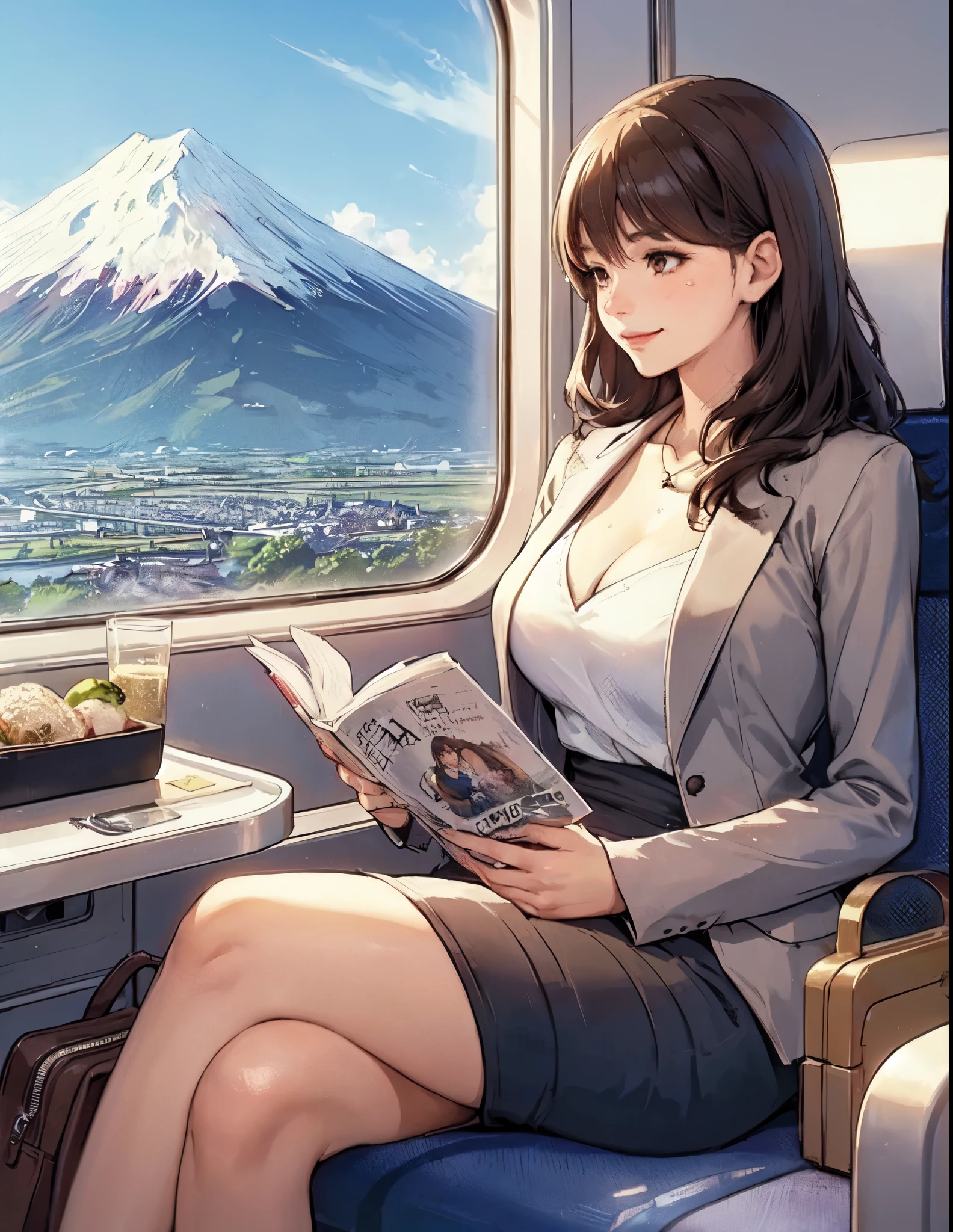 1lady solo, (sitting on train seat), (crossed legs), (stylish outfit), mature female, /(dark brown hair/) bangs, light smile, (masterpiece best quality:1.2) delicate illustration ultra-detailed, large breasts, sweaty BREAK (reading magazine) BREAK (train indoors), window landscape, food, detailed background