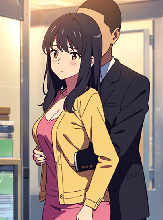 shinkai makoto, kimi no na wa., 1boy, buzzcut,office suit, boy caressing girl's body, kiss cheeks, passionate hug, boy is hugging from behind, 1girl, bangs, black hair, brown eyes, Twisted Half Up, red ribbon, long hair, long sleeve light pink cardigan, open shirt, yellow shirt, cleavage, breast, medium breast, storage room, indoors, masterpiece, perfect anatomy, cowboyshot
