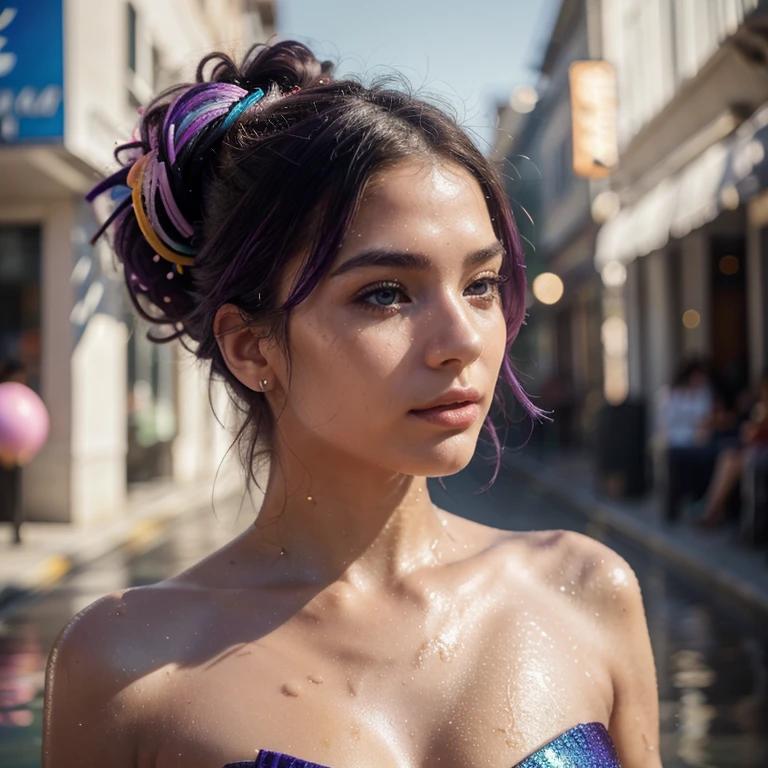 best quality,4k,8k,highres,masterpiece:1.2,ultra-detailed,realistic:1.37,colorful portraits,purple hair,beautiful eyes and lips,glowing skin,natural lighting,studio lighting,moisture on skin,detailed eyebrows,wet hair,shimmering highlights,vibrant colors,bokeh,expressive poses,artistic backgrounds,creative compositions,unique perspectives,fashion styles,modern trends,visual storytelling,captivating atmospheres,emotional connections,inspiring moments, surreal landscapes,abstract elements,sparkling water droplets,reflections on surfaces, ethereal aesthetics, effortless elegance,stylish fashion,instagrammable scenes,innovative concepts,creative photo editing,artistic filters,uplifting vibes,positive energy,memorable experiences.