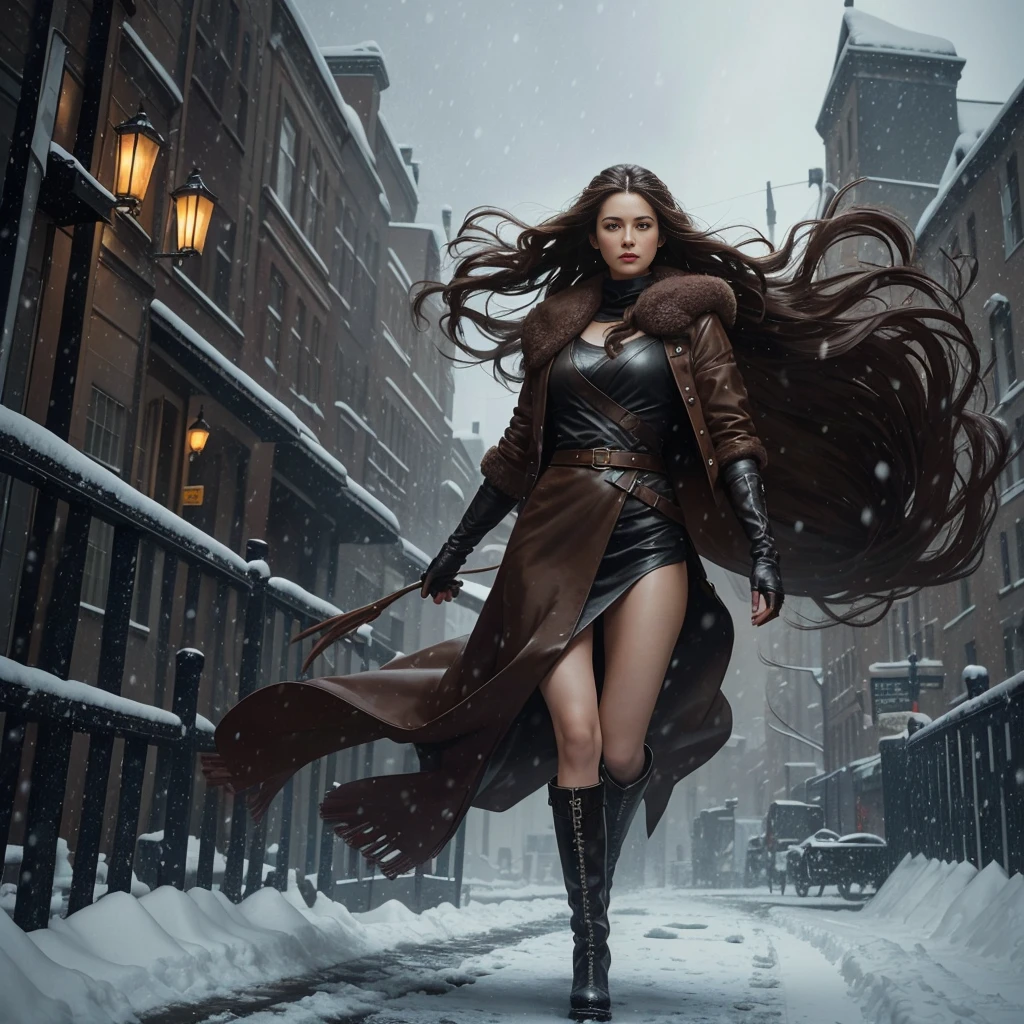 A woman, with very long, wavy brown hair. She wears a fur coat and high-heeled leather boots. Full body. Winter. It is snowing and very windy, causing her long hair to blow in the wind. She is in Washington DC, 1987, insanely detailed, 8k uhd, sharp focus, centered head, cinematic portrait, oil painting, matte painting, art by ruan jia, artgerm and greg rutkowski, wlop, dramatic lighting. Night. Full body
