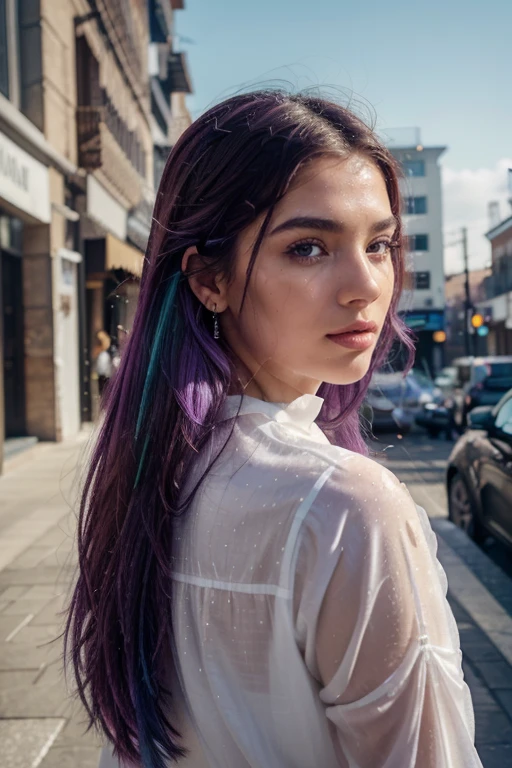 best quality,4k,8k,highres,masterpiece:1.2,ultra-detailed,realistic:1.37,colorful portraits,purple hair,beautiful eyes and lips,glowing skin,natural lighting,studio lighting,moisture on skin,detailed eyebrows,wet hair,shimmering highlights,vibrant colors,bokeh,expressive poses,artistic backgrounds,creative compositions,unique perspectives,fashion styles,modern trends,visual storytelling,captivating atmospheres,emotional connections,inspiring moments, surreal landscapes,abstract elements,sparkling water droplets,reflections on surfaces, ethereal aesthetics, effortless elegance,stylish fashion,instagrammable scenes,innovative concepts,creative photo editing,artistic filters,uplifting vibes,positive energy,memorable experiences.