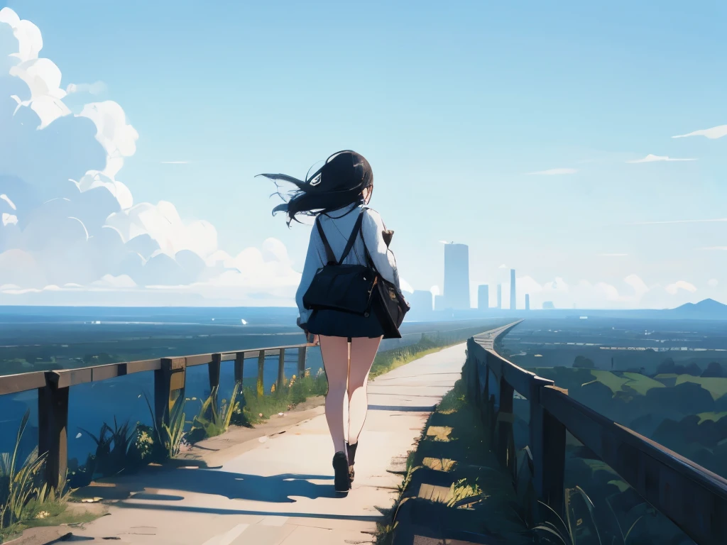 Girl walking with her back casually to the view