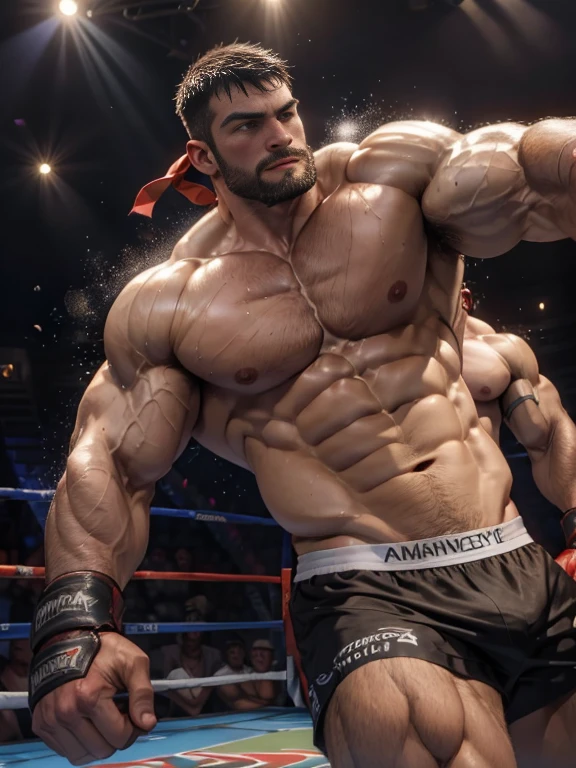 3D Photorealistic, Masterpiece realistic, best high quality, perfect details, RAW Photo, intricate details, nice lighting, 4K, detailed background, In the championship boxing match, 2 muscular boxers sparring white and black, short beard, correct muscle anatomy, sweat splash, perfect hands anatomy, epic sparring scenes, rare moment, (sparring:1.3), extremely powerful scenes, fierce, manly, manliness, shirtless (shirtless:1.8), they fight with a long conflict as they have an old score to settle.