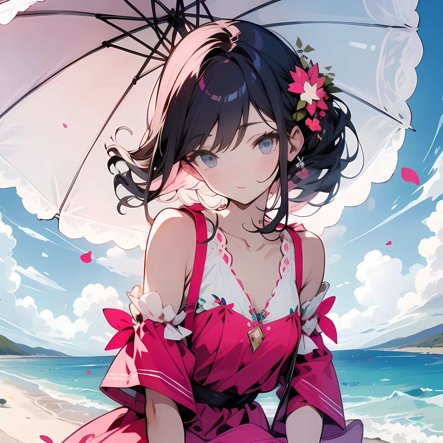 Beautiful and charming woman in fashion trends, whole body: 1.6, holding flowers, Random hairstyle, sitting under parasol, at the seaside, Tight suspender dress in random colors, The wind blows the hair, Blue sky and white clouds, Delicate and sexy collarbone, Cover your chest, Charming goose egg face, double eyelids, Smart peach blossom eyes, pink lips, small nose, bare shoulders, focused face, face close-up, ultra high definition, Super details, ultra-thin translucence, Fresh and good, view, pink