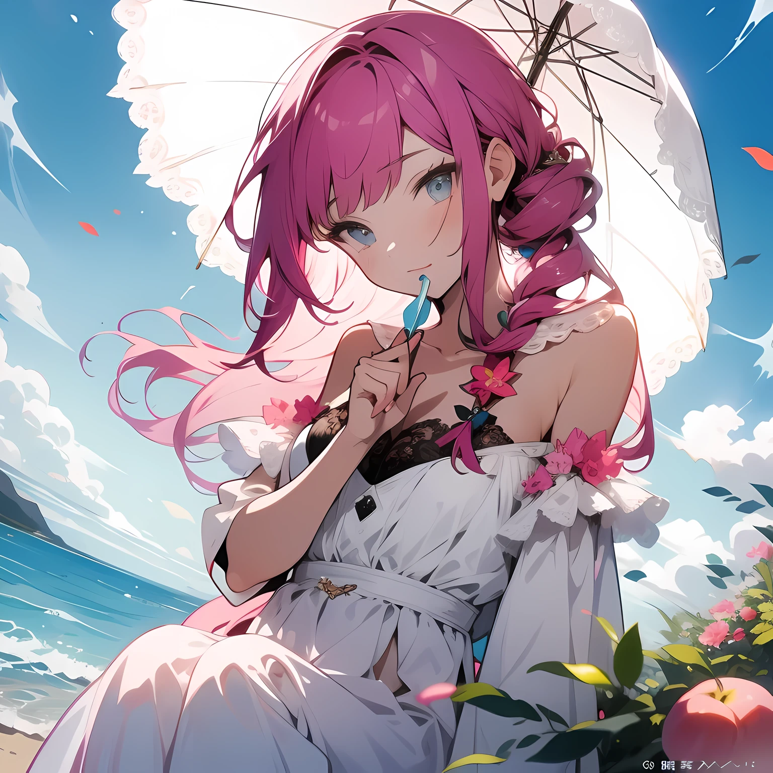 Beautiful and charming woman in fashion trends, whole body: 1.6, holding flowers, Random hairstyle, sitting under parasol, at the seaside, Tight suspender dress in random colors, The wind blows the hair, Blue sky and white clouds, Delicate and sexy collarbone, Cover your chest, Charming goose egg face, double eyelids, Smart peach blossom eyes, pink lips, small nose, bare shoulders, focused face, face close-up, ultra high definition, Super details, ultra-thin translucence, Fresh and good, view, pink