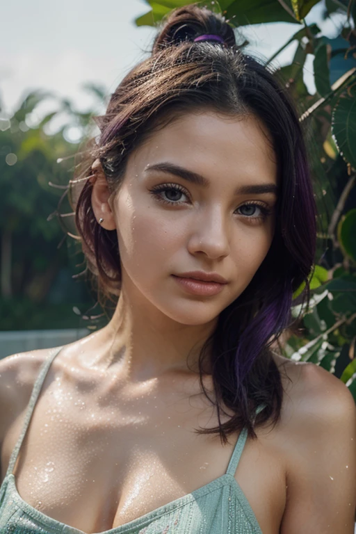 best quality,4k,8k,highres,masterpiece:1.2,ultra-detailed,realistic:1.37,colorful portraits,purple hair,beautiful eyes and lips,glowing skin,natural lighting,studio lighting,moisture on skin,detailed eyebrows,wet hair,shimmering highlights,vibrant colors,bokeh,expressive poses,artistic backgrounds,creative compositions,unique perspectives,fashion styles,modern trends,visual storytelling,captivating atmospheres,emotional connections,inspiring moments, surreal landscapes,abstract elements,sparkling water droplets,reflections on surfaces, ethereal aesthetics, effortless elegance,stylish fashion,instagrammable scenes,innovative concepts,creative photo editing,artistic filters,uplifting vibes,positive energy,memorable experiences.