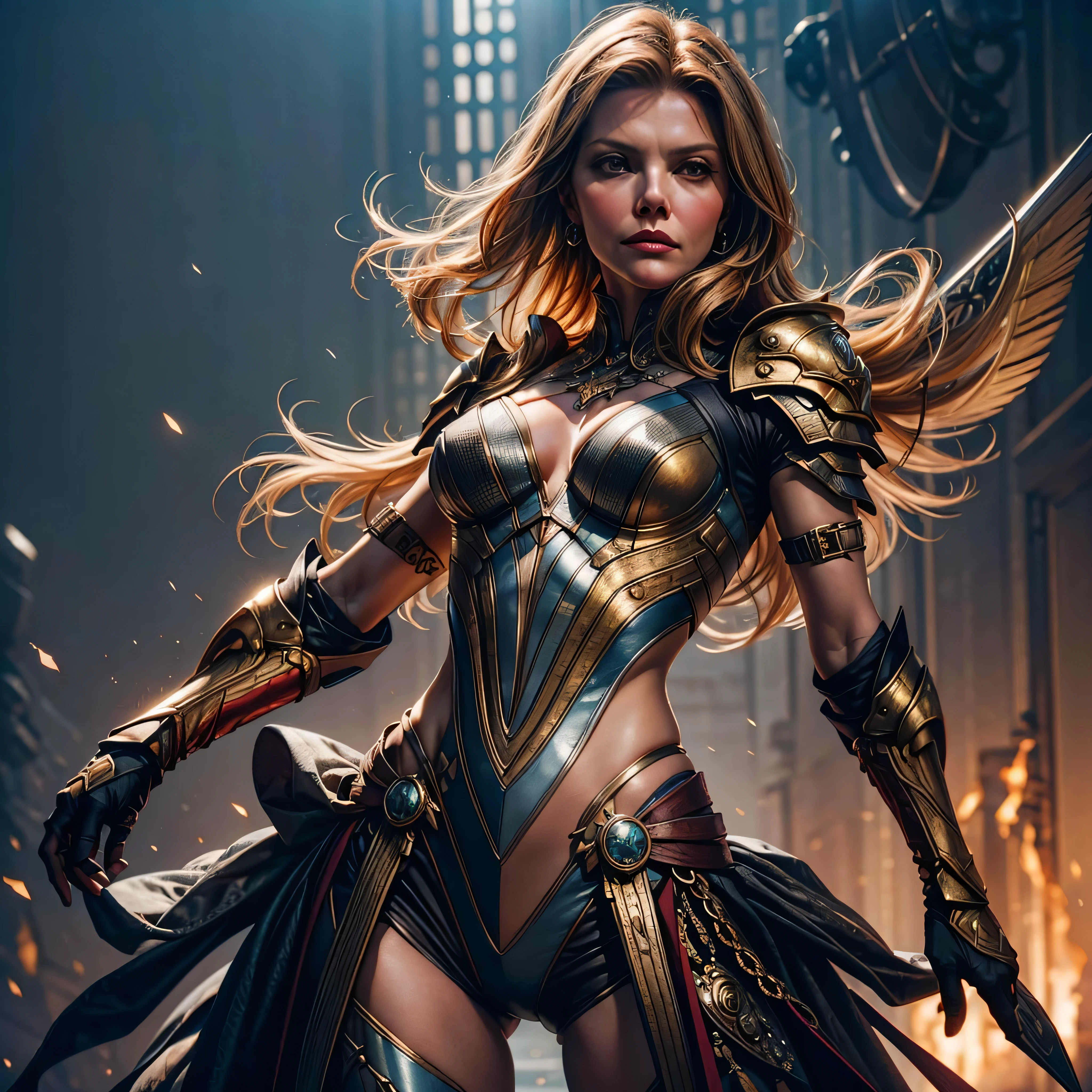 Epic Beautiful painting of Michelle Pfeiffer as perfect gorgeous female warrior, shapeless long fullbody, perfect features, (wearing extremely baroque armor Chainmail_Armor), abstract beauty, near perfection, pure form, dynamic pose, ethereal background, (deep dark shadows), (strong cinematic lighting), (back lighting), concept art by Greg Rutkowski and John William Waterhouse and Alphonse Mucha, stunning details, intricate details, hyper post-production, ultra High resolution, super high details, trending on ArtStation, ultra sharp focus, depth of field f/1.8, studio photos, (((looking at camera))). varies multi etc. --v 6 --s 1000 --c 20 --q 20 --chaos 100