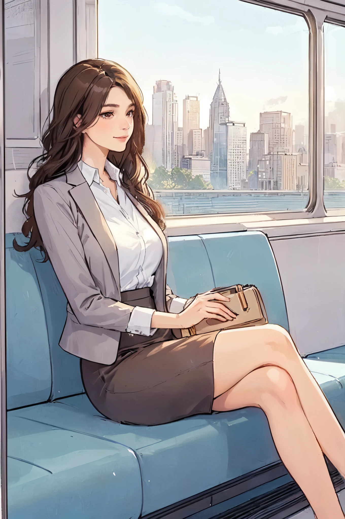1lady solo, (sitting on train seat), (crossed legs), (stylish outfit), mature female, /(dark brown hair/) bangs, light smile, (masterpiece best quality:1.2) delicate illustration ultra-detailed, large breasts BREAK (train indoors), window cityscape, detailed background