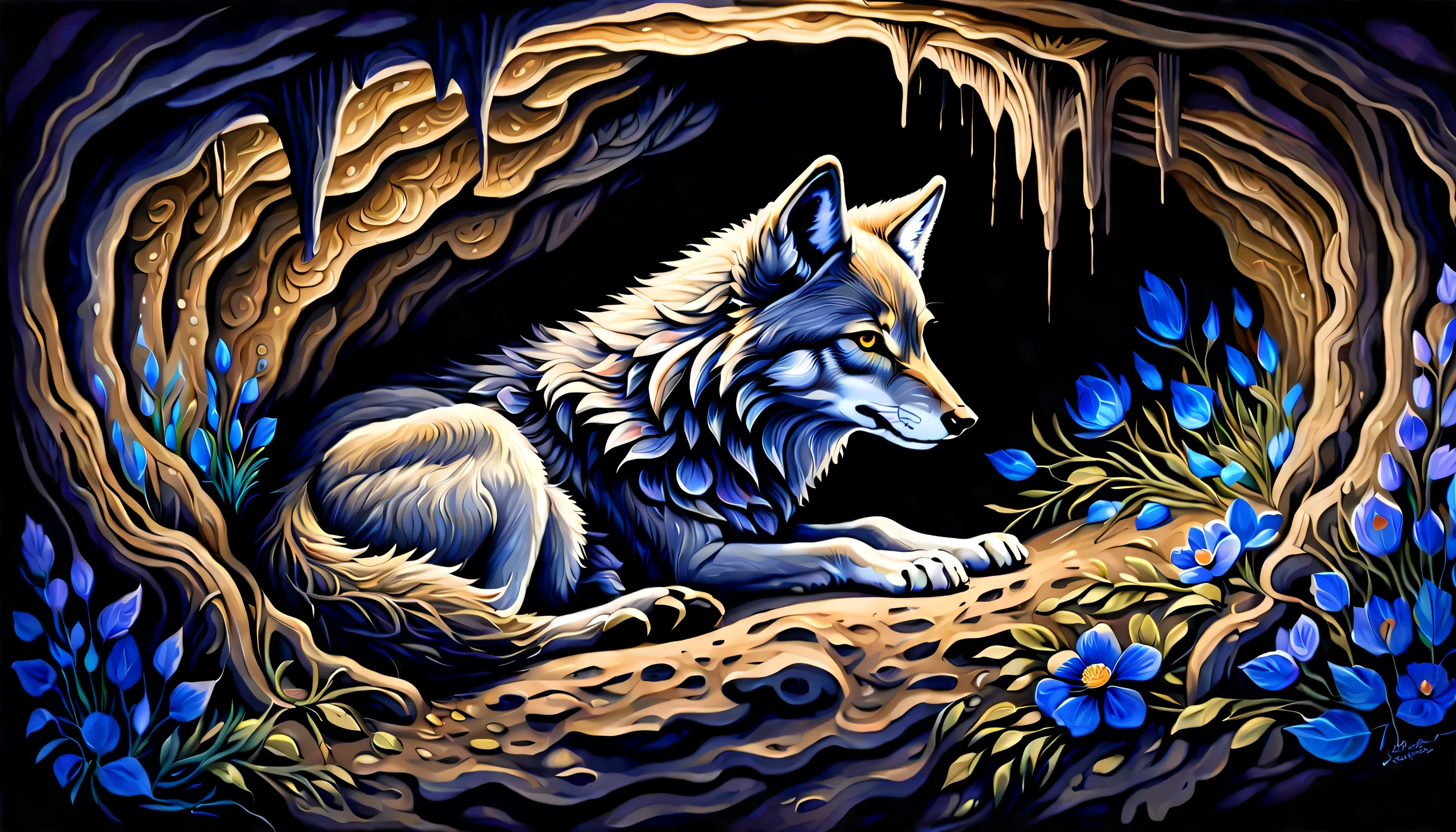 sleeping wolf cub, with a fascinating display, A complex and detailed gouache painting, A stunning depiction of the underground world in a dark fantasy style, Shining flowers that emit a beautiful glow々, Illuminates complex surroundings, Every brushstroke conveys a dark atmosphere, Immerse yourself in the epic depths of a hidden world, Attention to detail is evident, obvious delicate touch, Fascinating paintings evoke a sense of surprise and intrigue, fascinating mysterious scene, Fine brush strokes bring out the complexity, Fascinating image of an earthy cave ceiling, Amazing high contrast beauty, Unusual color contrast and beauty, Intricate detail quality, A fascinating underground world full of dark charm, Fine brush strokes, High resolution,